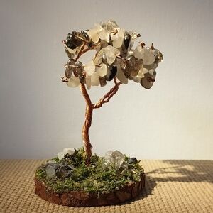 Handcrafted Crystal Gem Tree Sculpture in Clear and Smoky Tones
